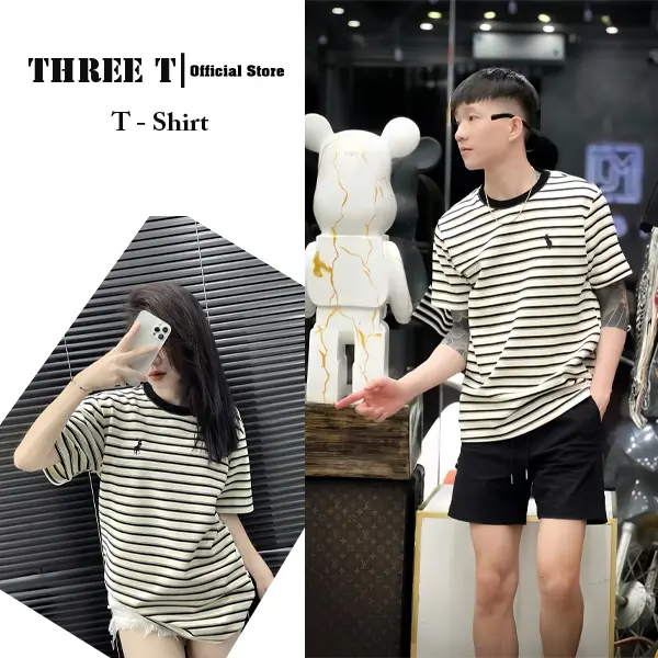 Áo Thun Nam Nữ Unisex thêu logo  kẻ sọc, Cotton Dệt Sợi CC thoáng mát Ngắn Tay Cổ Tròn. Menswear Top ngang ngựa