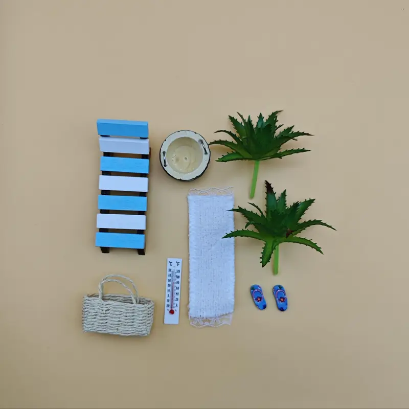 Mini Summer Beach Set, Wooden Beach Chair & Umbrella & Towel & Basket & Thermometer Model, Miniature Scene Shooting Props Model 6