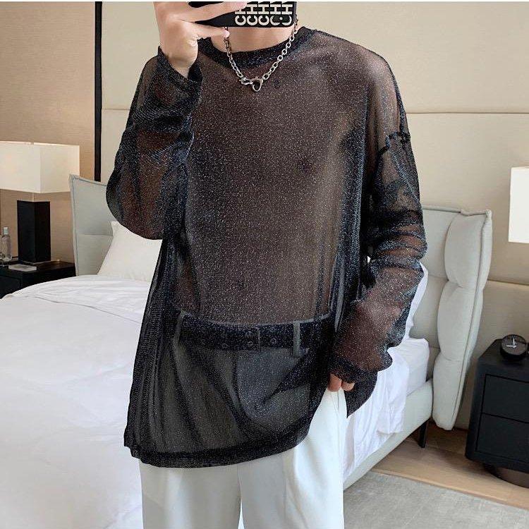 Áo thun nam tay dài voan kim tuyến sexy xuyên thấu