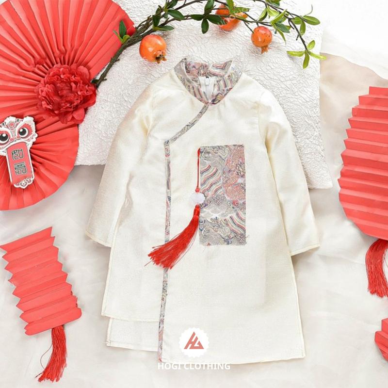 Áo dài bé trai size đại chất liệu tafta mềm phối gấm Hoàng Long thiết kế lệch tà cực xinh - Hogi clothing áo