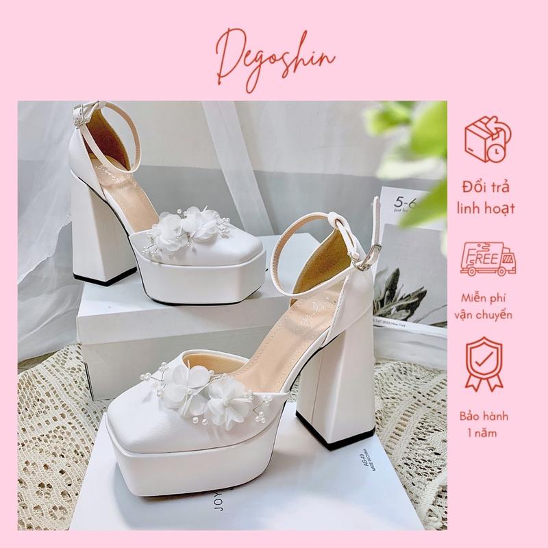 Giày cưới giày cao gót Barbie da mềm gót trụ cao 13cm màu trắng đính hoa thủ công Degoshin