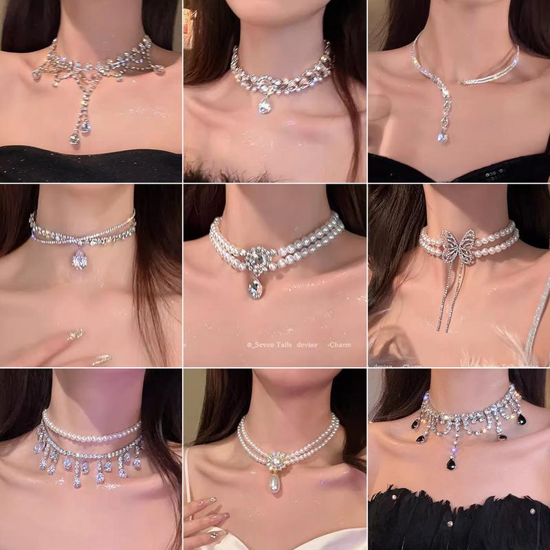 Vòng Cổ Ngọc Trai Viền Kim Cương Đầy Đủ, Dành Cho Nữ, Vòng Cổ Choker Sang Trọng Lấp Lánh, Dây Chuyền Xương Đòn Xếp Chồng Thanh Lịch, Đồ Trang Sức Bản To Dễ Phối Đồ Thích Hợp Cho Buổi Tối Quyến Rũ 0