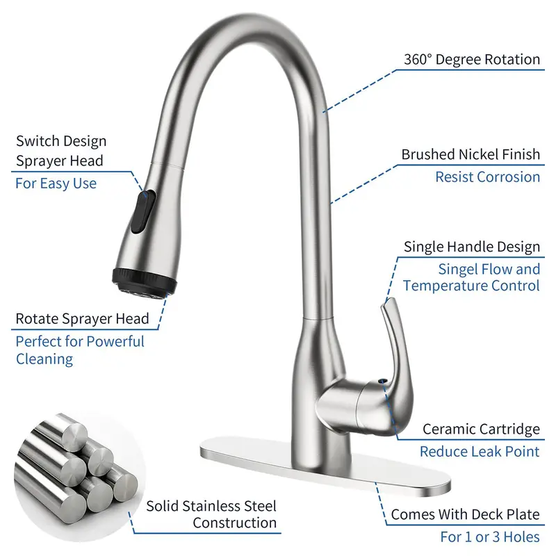 Stainless Steel Kitchen Faucet, Modern Rotatable Splash-proof Faucet, Hot & Cold Water Faucet, Kitchen Sink Faucet, Home Kitchen Fixtures 6