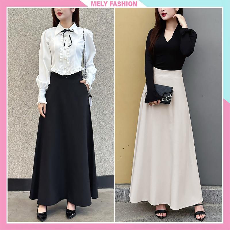 Chân váy dài dáng suông chữ A midi có túi dài qua gối tới mắt cá chân phong cách ulzzang vintage hàn quốc đơn giản nữ Women Mely Fashion CV86 Cotton Màu Đen