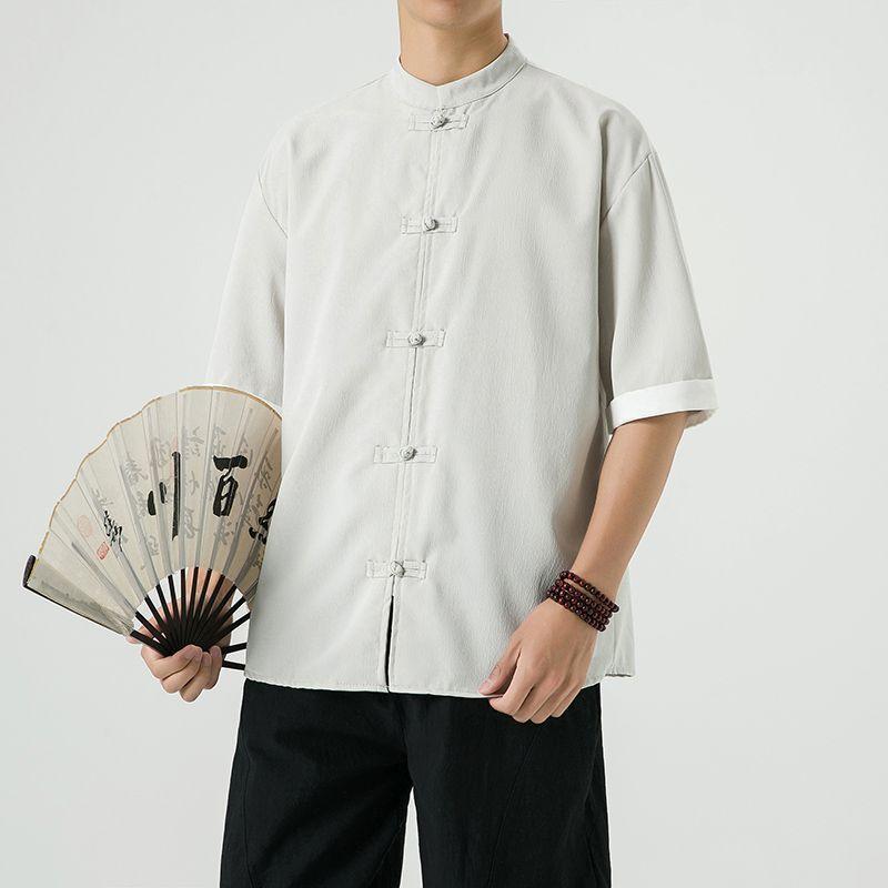 Product Introduction of Men's Shirt, Tang Suit Shirt, Chinese Style, Tai Chi Clothing, Kung Fu Clothing, Linen Thin Stand Collar Buttoned Zhongshan Suit Menswear Top chinese man red shirt chinese fashion outfit Lingerie Beige 19