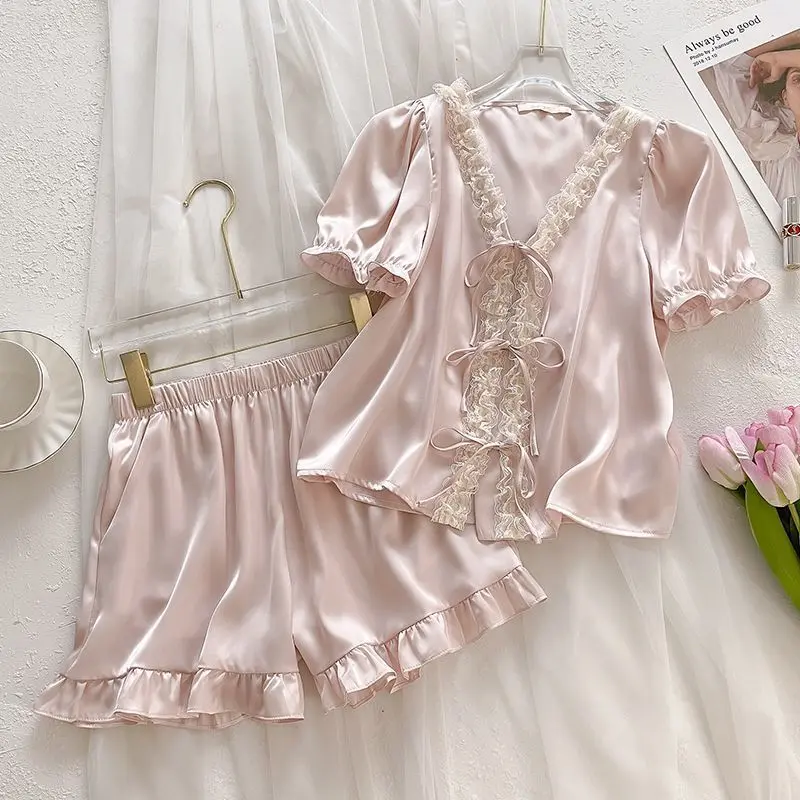 Bộ Đồ Ngủ Lụa Lạnh Dành Cho Nữ, Phong Cách Ins, Dễ Thương Và Gợi Cảm, Trang Trí Ren Cổ Chữ V, Dáng Rộng Vừa Vặn, ngắn Tay, Thích Hợp Mặc Nhà Và Đi Chơi, Bộ Đồ Mùa Hè, Thích Hợp Để Đi Chơi, 2023 [Giảm Giá Đặc Biệt Tại Cửa Hàng]