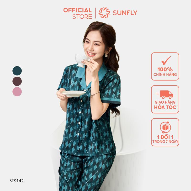 Bộ pijamas lụa satin SUNFLY áo cộc quần ngố ST9142 1