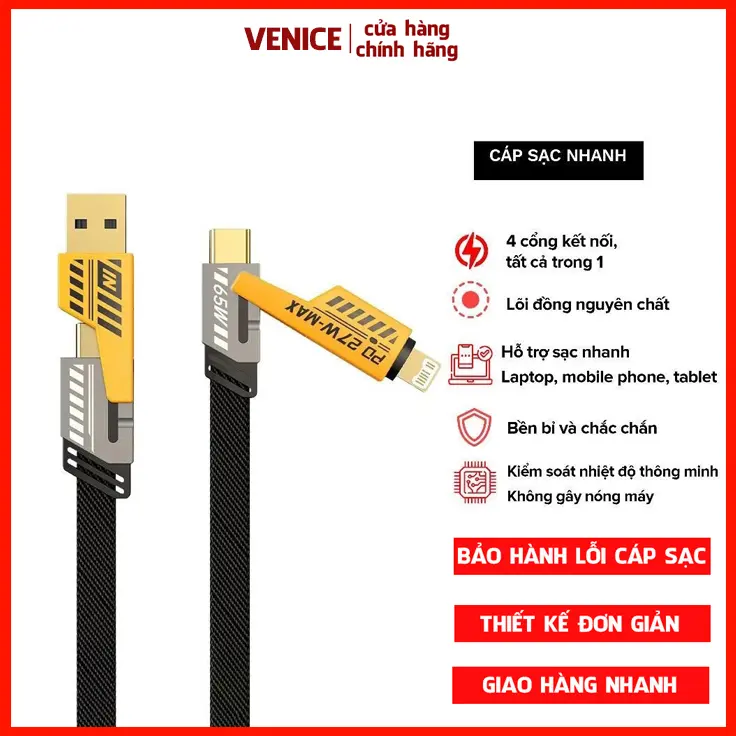 Dây sạc nhanh 4 trong 1 sạc siêu nhanh 65w cáp usb type C cho dây sạc Micro usb C kết nối nhiều cổng đa năng