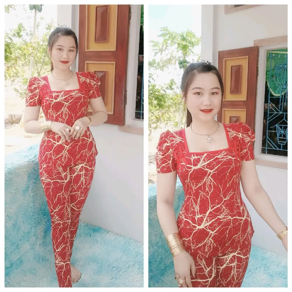 bộ thun ati tay phồng cổ vuông viền sẩm 02 quần dài ống nhỏ Nữ