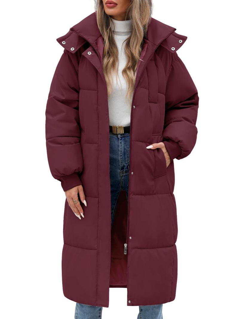 Product Introduction of Women's Solid Button Front Zipper  Hooded Longline Quilted Jacket, Casual Long Sleeve Pocket Design Outerwear for Fall & Winter, Women's Clothing for Daily Wear 4