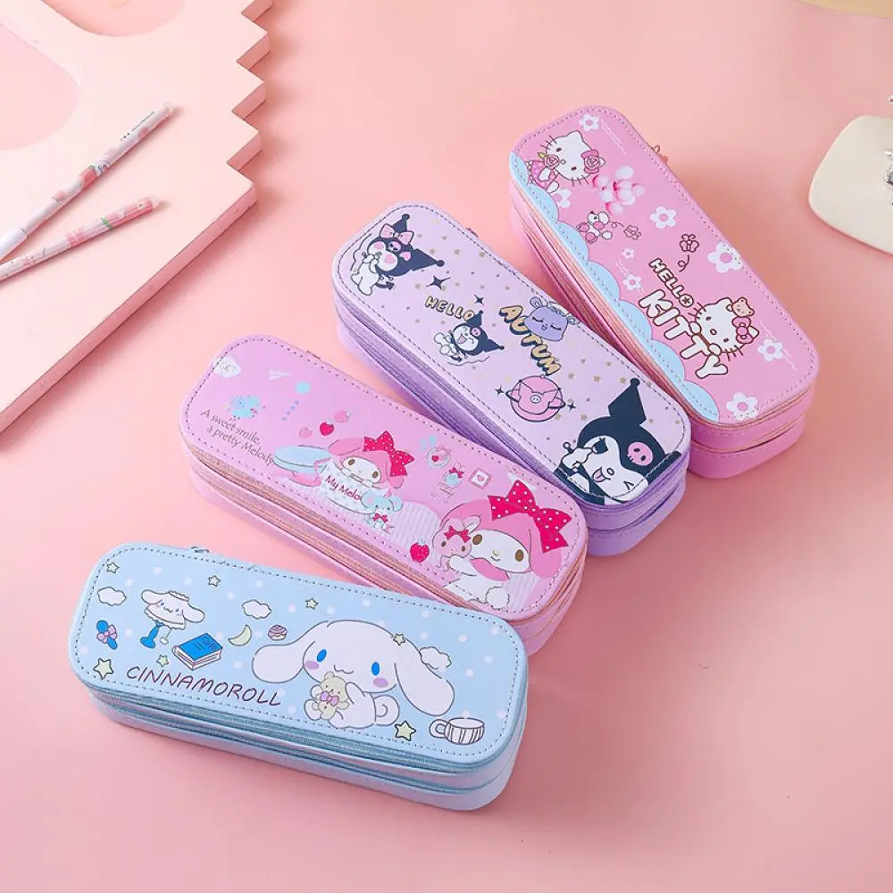 Sanrios Hellokittys Kuromi My Melody Kawaii Pencil Case Anime Cartoon Large-Capacity Student Double-Layer Pencil Case New Style