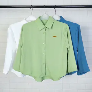 Kemeja Crop Wanita Polos Lengan 3/4 Crinkle Airflow Oversize