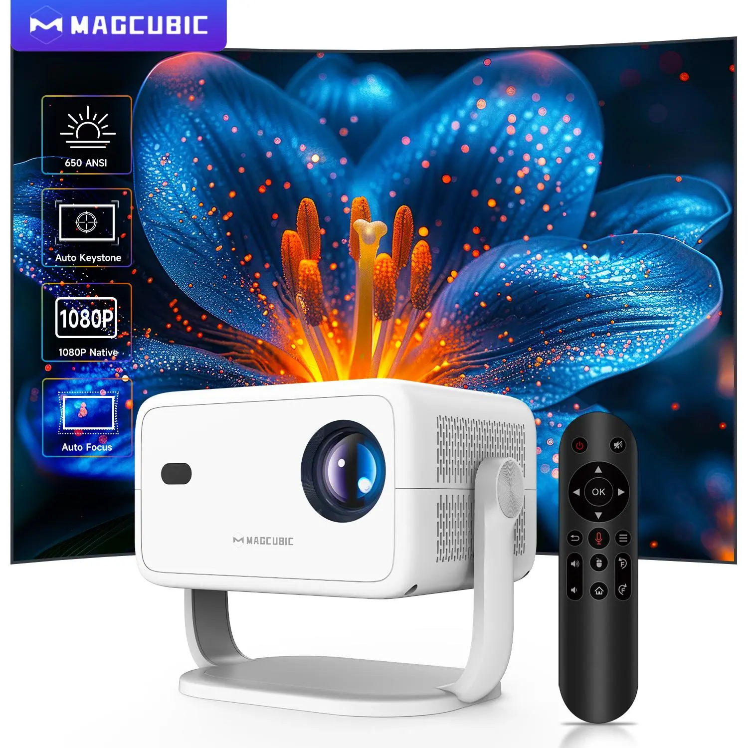 Magcubic 1080P Auto Focus & Keystone Correction Projector, Portable Voice Home Theater Projector with Remote Control, Home Theater Projector for Bedroom, Audio