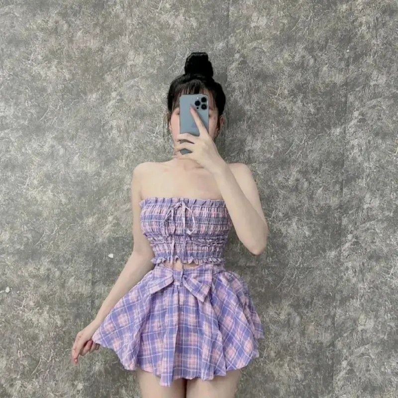 sét carô áo nhún thun kèm chân váy đính nơ Nữ 2