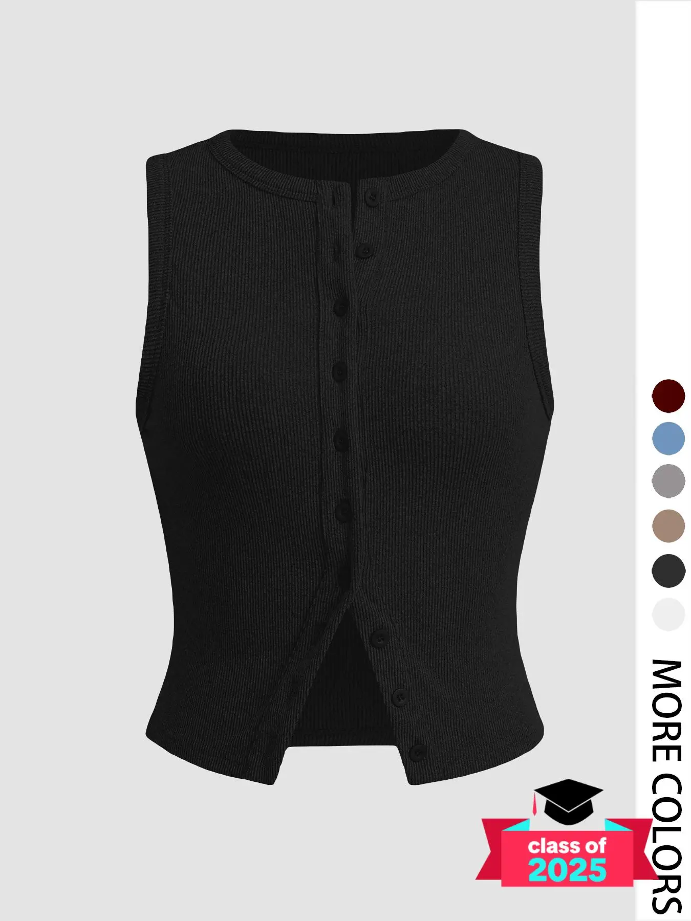 Women's Plain Button Front Ribbed Crop Tank Top, Casual Fit Sleeveless Round Neck Top for Daily Wear, Ladies Clothes for All Seasons, Women's Tops