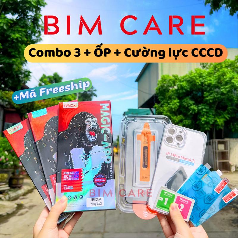 (TỰ RÚT BỤI) COMBO 3 Kính cường lực Kingkong VMOX chống nhìn trộm có khung tự dán tại nhà, Tặng kèm 1 bộ cường lực CCCD 30K, 1 ốp lưng trong 30K,  BIMCARE Phone Kem