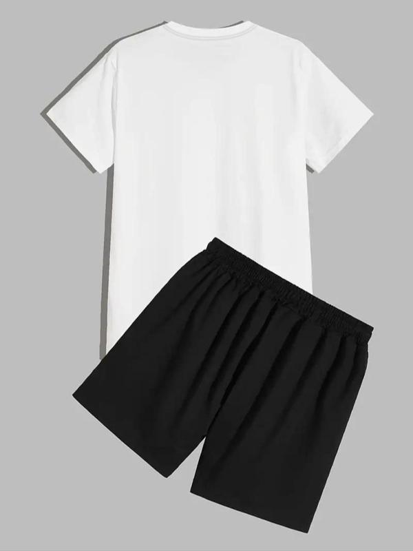 2 Counts Men's Letter Print Summer Set, Regular Fit Casual Round Neck Tee & Drawstring Pocket Shorts Set, Summer Outfits 2024, Men Two-piece Outfits for Summer 1