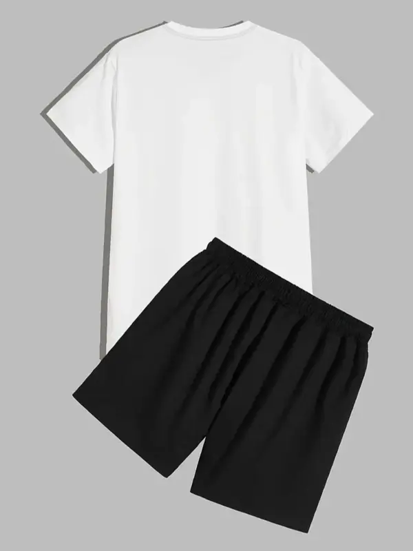 2 Counts Men's Letter Print Summer Set, Regular Fit Casual Round Neck Tee & Drawstring Pocket Shorts Set, Summer Outfits 2024, Men Two-piece Outfits for Summer 1