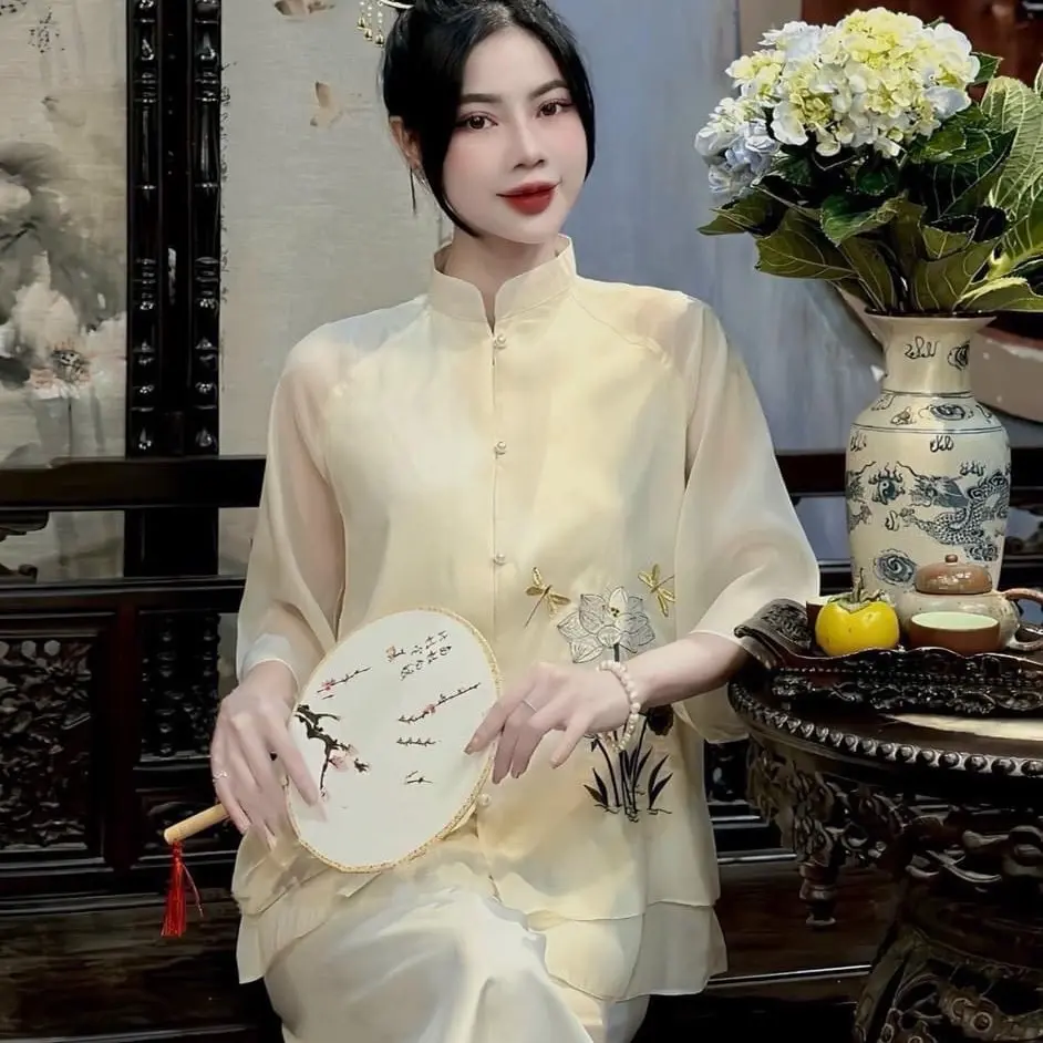 Bộ lam tơ  thêu chuồn chuồn M L XL XXL 55-90kg QN BIGSIZE chất tơ mềm không ngứa Women Nữ Voi Nhung