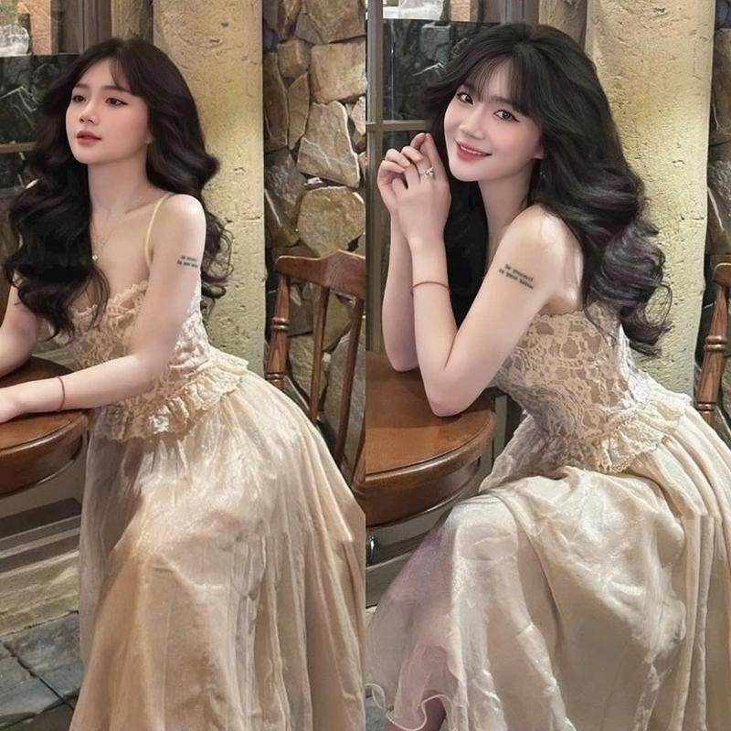 Set váy nữ ren thiết  kế áo 2 dây cổ yếm [có mút ngực] mix chân váy tơ 2 lớp dáng xòe sang chảnh dành cho các nàng diện di chơi,di tiệc.  Women