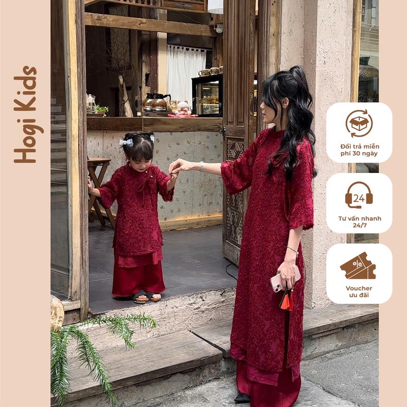    Hogi Kids   Áo Dài Mẹ Và Bé Gái Phượng Vũ Chất Voan Lông Hai Màu Đỏ   Hồng 