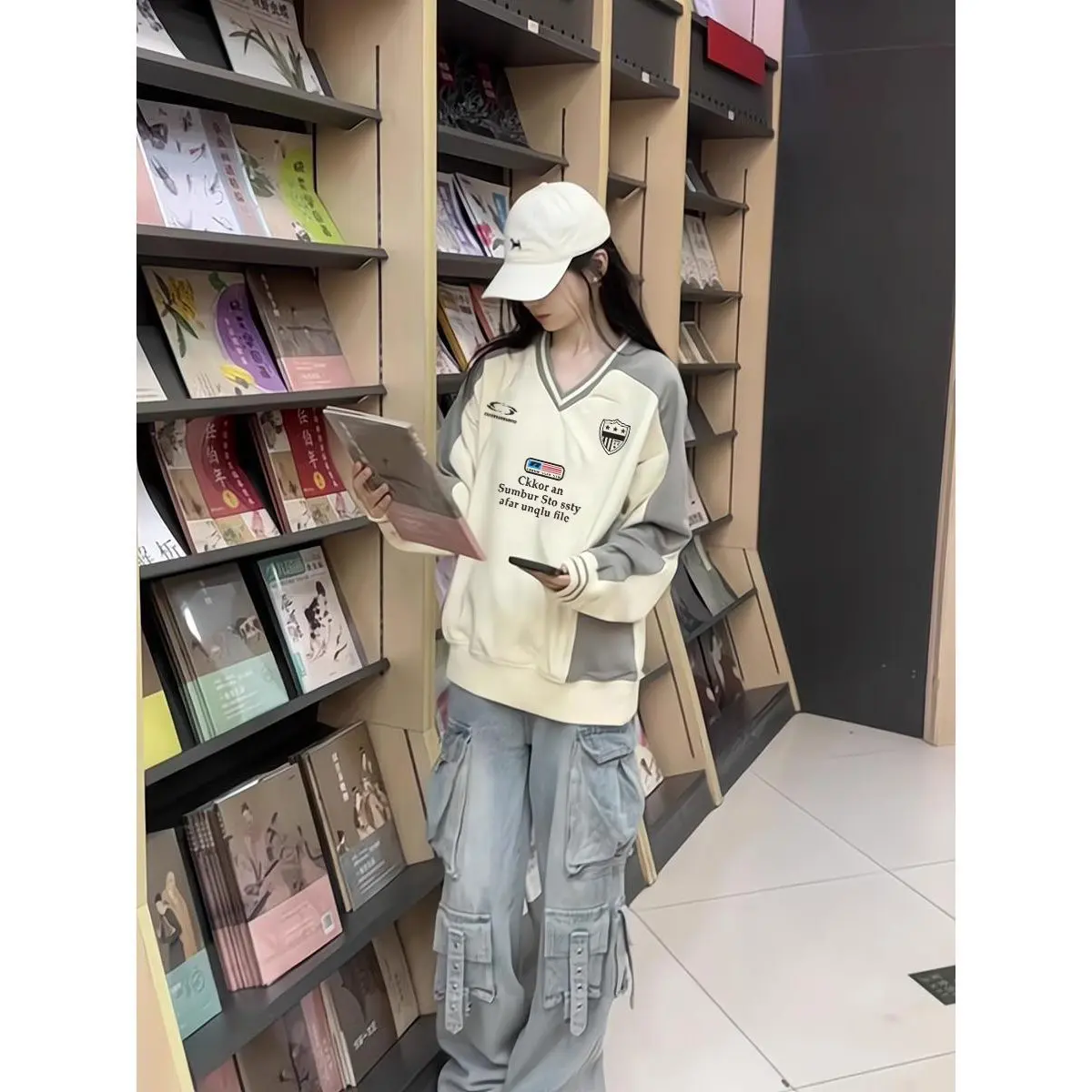 Áo Nỉ Chắp Vá, Phong Cách Mỹ, Cổ Chữ V, Màu Tương Phản, Dành Cho Nữ, Phong Cách Hàn Quốc Ins, Áo Thể Thao Top Women
