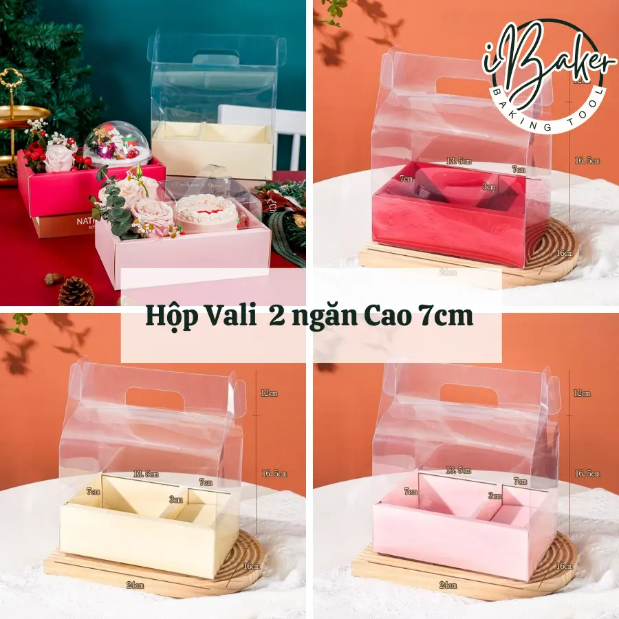 Hộp mica chữ nhật 2 ngăn đựnġ bánh + hoa  CAO 7CM - Hộp mica đựnġ bánh, hoa, quà tặng nhiều màu mẫu mới 2024