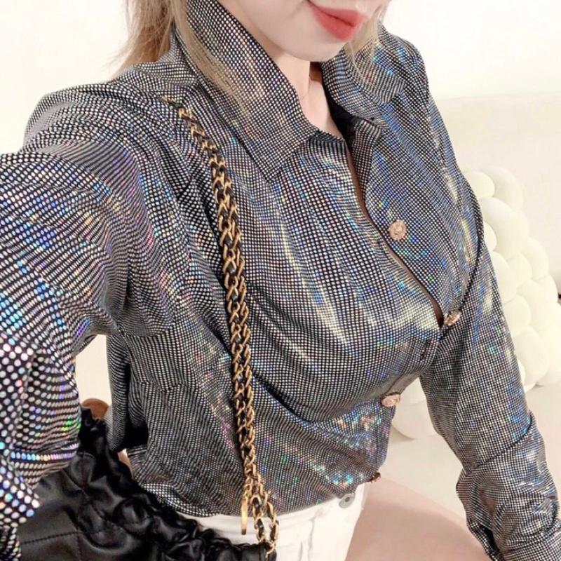 Áo sơ mi mùa hè công sở nữ dài tay áo sơ mi nữ kiểu dáng hàn quốc chất liệu tằm nhũ cao cấp thoáng mát phôm thụng Top Voi Women Sọc Kẻ