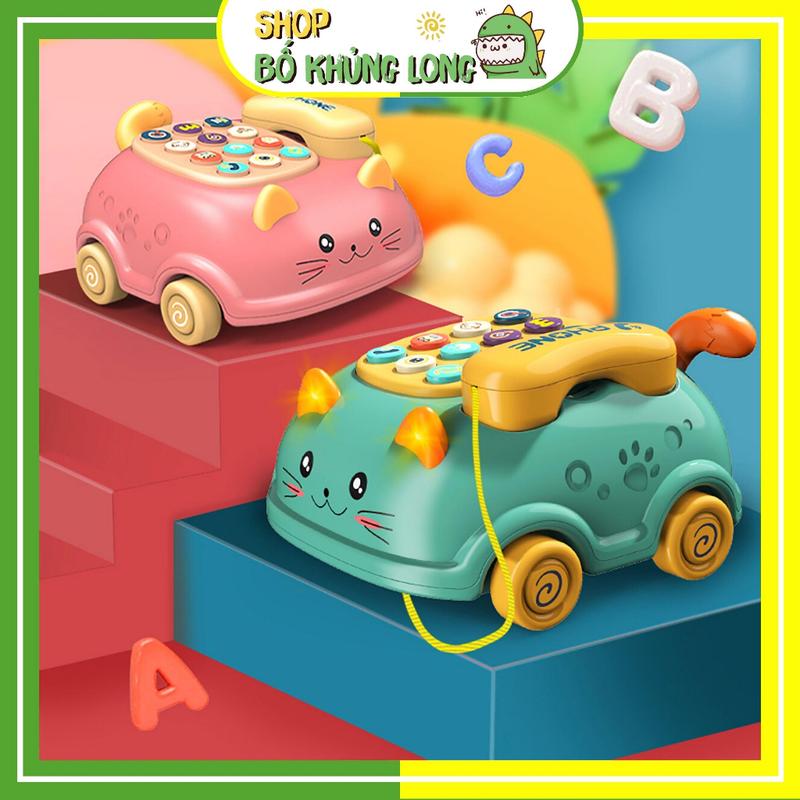 Đồ Chơi Ô Tô Điện Thoại Mèo Chạy Pin Phát Nhạc Có Đèn Đồ Chơi Điện Thoại Hình Mèo Con Kéo Xe - BỐ KHỦNG LONG