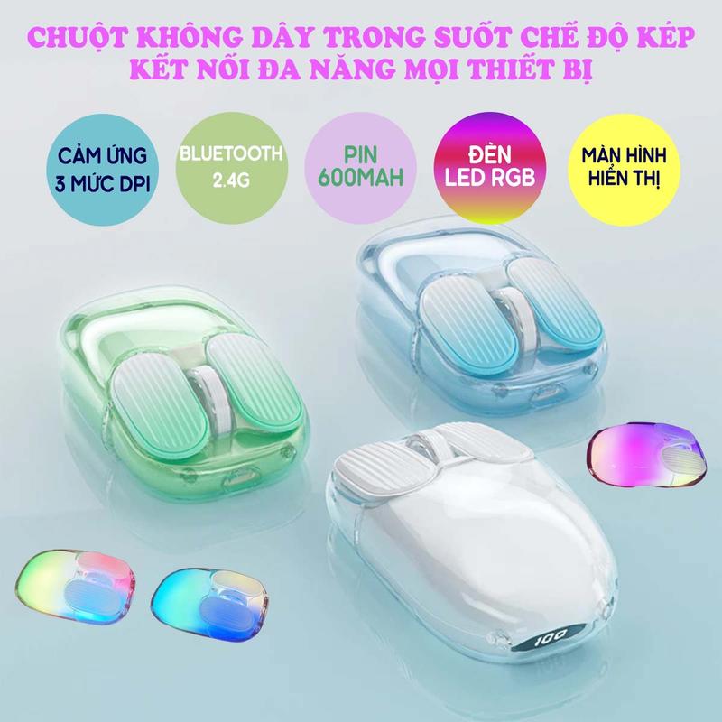 Chuột không dây trong suốt AJAZZ I069 chế độ kép bluetooth và 2.4G bảy hiệu ứng đèn led RGB pin sạc lại, màn hình hiển thị pin