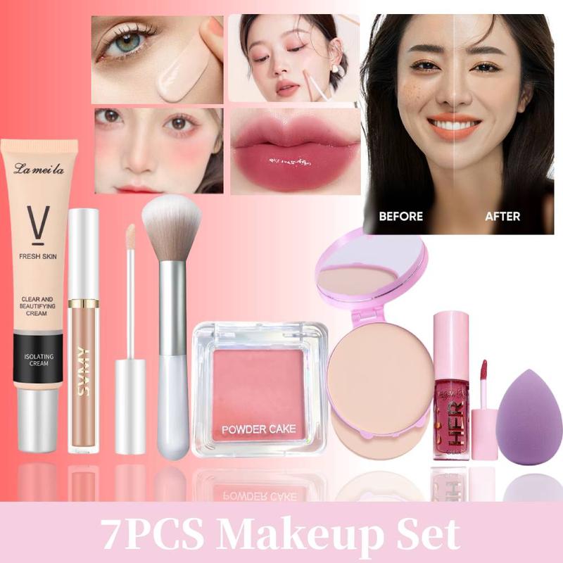 Bộ Trang Điểm Tất Cả 7 Món, Kem Che Khuyết Điểm Cho Các Đốm Mặt Và Vết Mụn, Son Môi Men, Son Dưỡng Môi, Phấn Má Hồng Mini, Kem Nền Dạng Lỏng, Thiết Lập Trang Điểm, Phấn Phủ Ép, Cọ Má Hồng Trứng Làm Đẹp, Bộ Mỹ Phẩm Cho Nữ Son Kem
