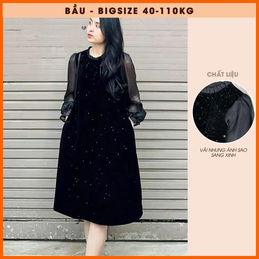 Váy bầu mùa đông Bigsize Đầm bầu nhung ánh sao màu đen dài tay sang chảnh OanhLTK 40-110kg