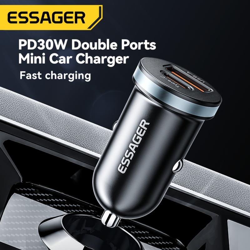 Bộ sạc ô tô mini USB A Type-C, Essager PD30W, Sạc nhanh, Sạc nhanh, Tương thích với iPhone, Huawei, Samsung, Type C PD QC 3.0, Thích hợp cho điện thoại di động, SUV, Bộ sạc ô tô 1