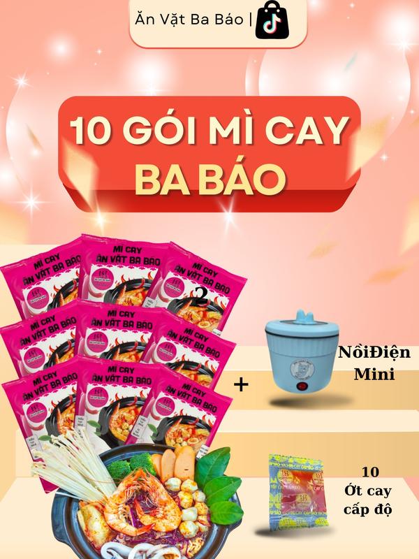 [ Ăn Vặt Ba Báo ] Combo 10 gói mì cay BA BÁO cốt pha sẵn chuẩn vị quán ( 1 gói kèm súp và mì ) kèm 1 ỚT ĐỘ , 1 NỒI ĐIỆN nấu mì ( Miến , Mì, Food )