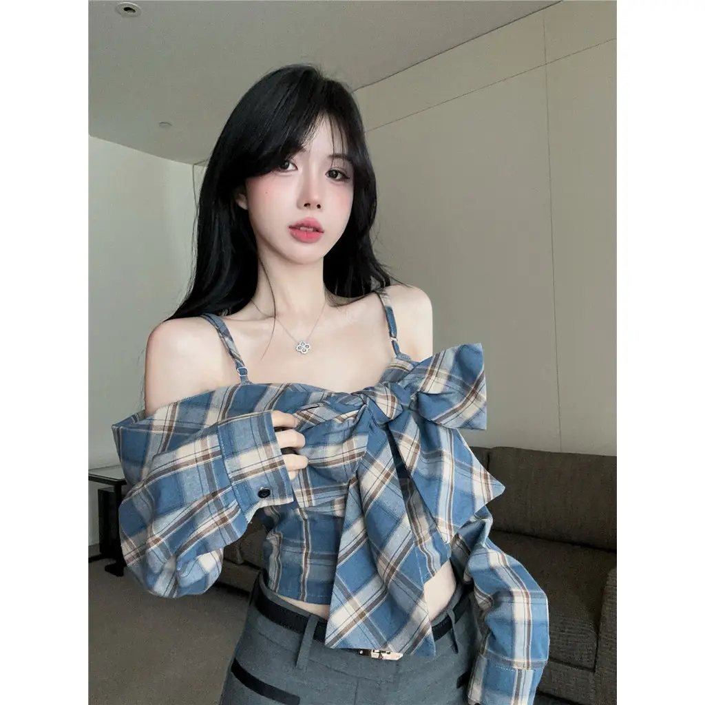 Áo cardigan dây trễ vai dài tay dài gợi cảm thanh lịch áo sơ mi ngắn