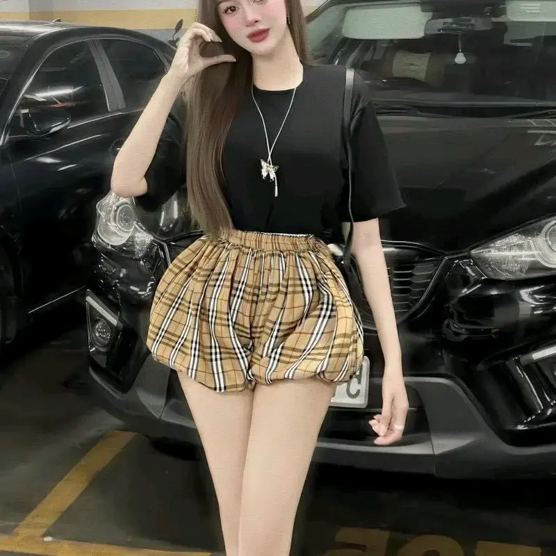 Sét áo thun quần bí caro phồng, sét bí nữ ngắn chất thun mềm mịn co giãn Women Top