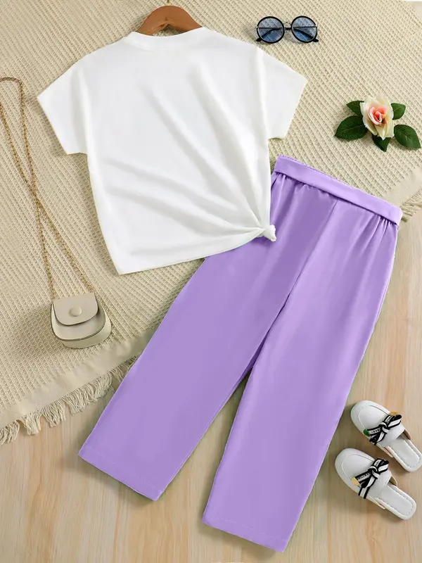 Two-piece Set Girl's Figure Letter Print Tee Top & Belted Straight Leg Pants Set, Round Neck Short Sleeve T-shirt & Elastic Waist Trousers for Daily Wear, Kid's Summer Clothes 7