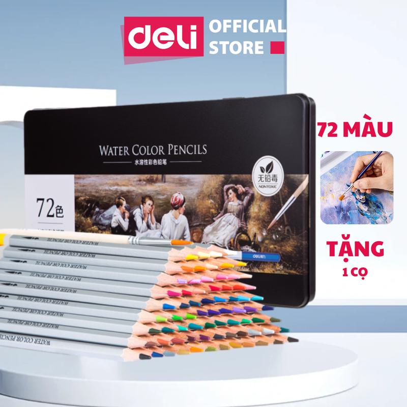 Bộ bút chì màu nước cao cấp Deli có kèm cọ tán - 24/36/48/72 màu - Hộp thiếc - 1 Hộp dành cho người mới bắt đầu đến chuyên nghiệp