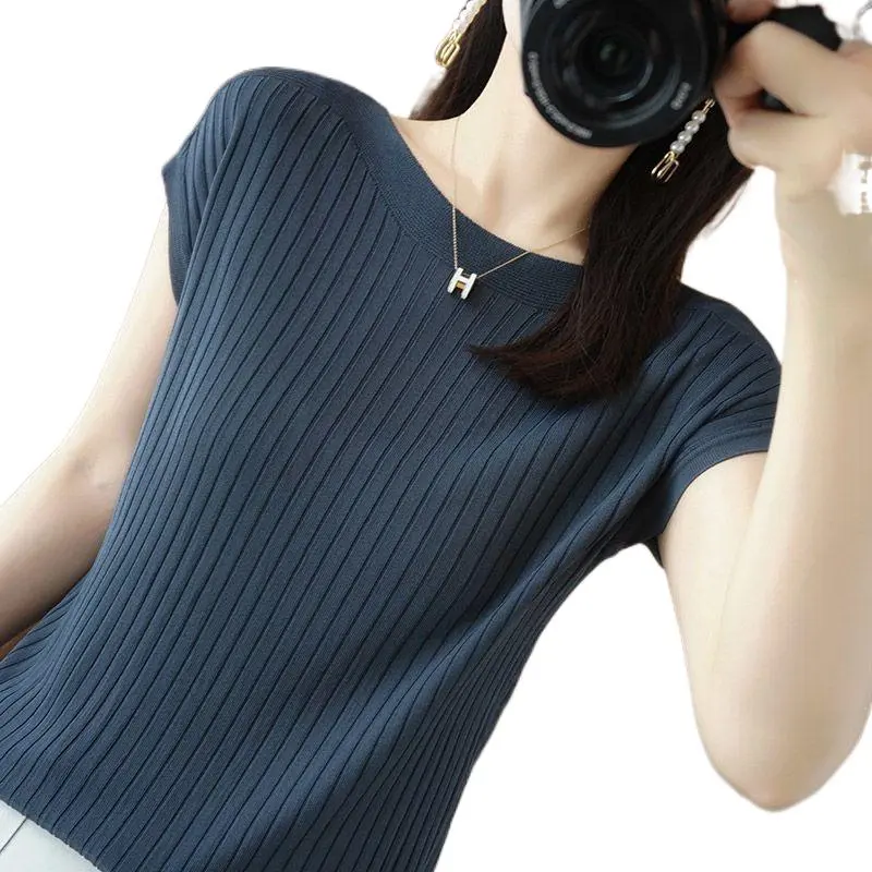 This Year's Popular Style Women like Counter Ice Silk Authentic Short Sleeve Knitwear Summer New Loose Slim Top Slim Fashion Lingerie Basic Batwing Crewneck