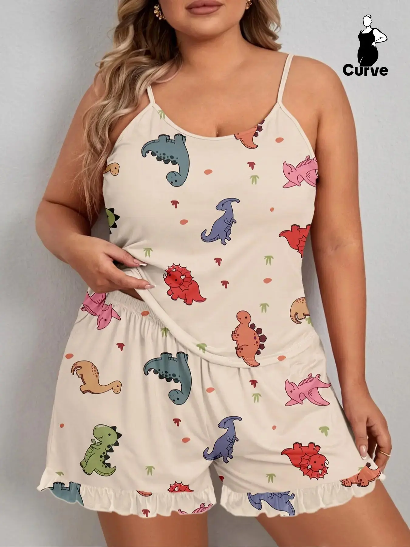 【Plus Size】 Two-Piece Set All Over Print Cami Top & Ruffle Trim Elastic Waist Shorts Pyjama Set, Casual Cute Comfy Camisole & Shorts PJ Set, Women's Sleepwear for Summer