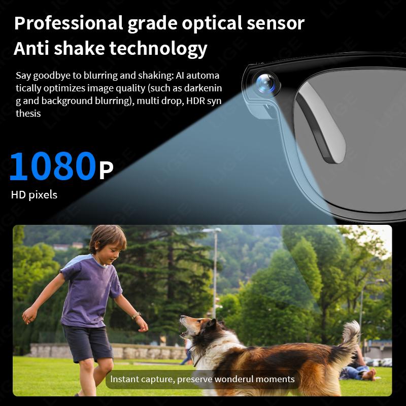 LIGE AI 800W Camera Smart Glasses 1080P HD Video Recording Translation Object Recognition Bluetooth Call Music Sunglasses Lenses
