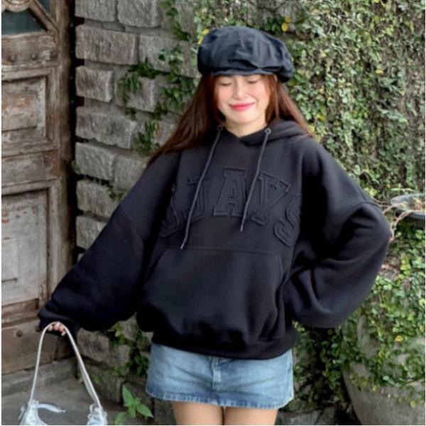 HOODIE BOXY - Áo khoác hoodie thêu đắp vải JJAYS form rộng mũ to nam nữ unisex HOT TREND 2024 hottrend Menswear Dài Tay Đen 5