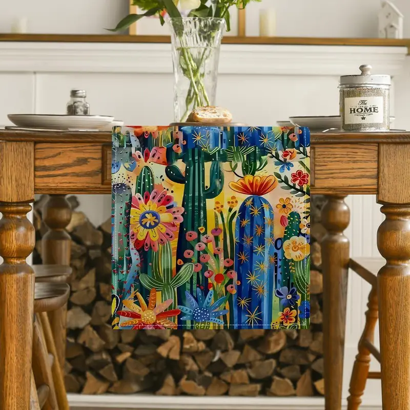 Cactus & Flower Pattern Table Runner, Colorful Table Runner, Decorative Tablecloth for Home Kitchen Dining Room, Party Decor Supplies 3