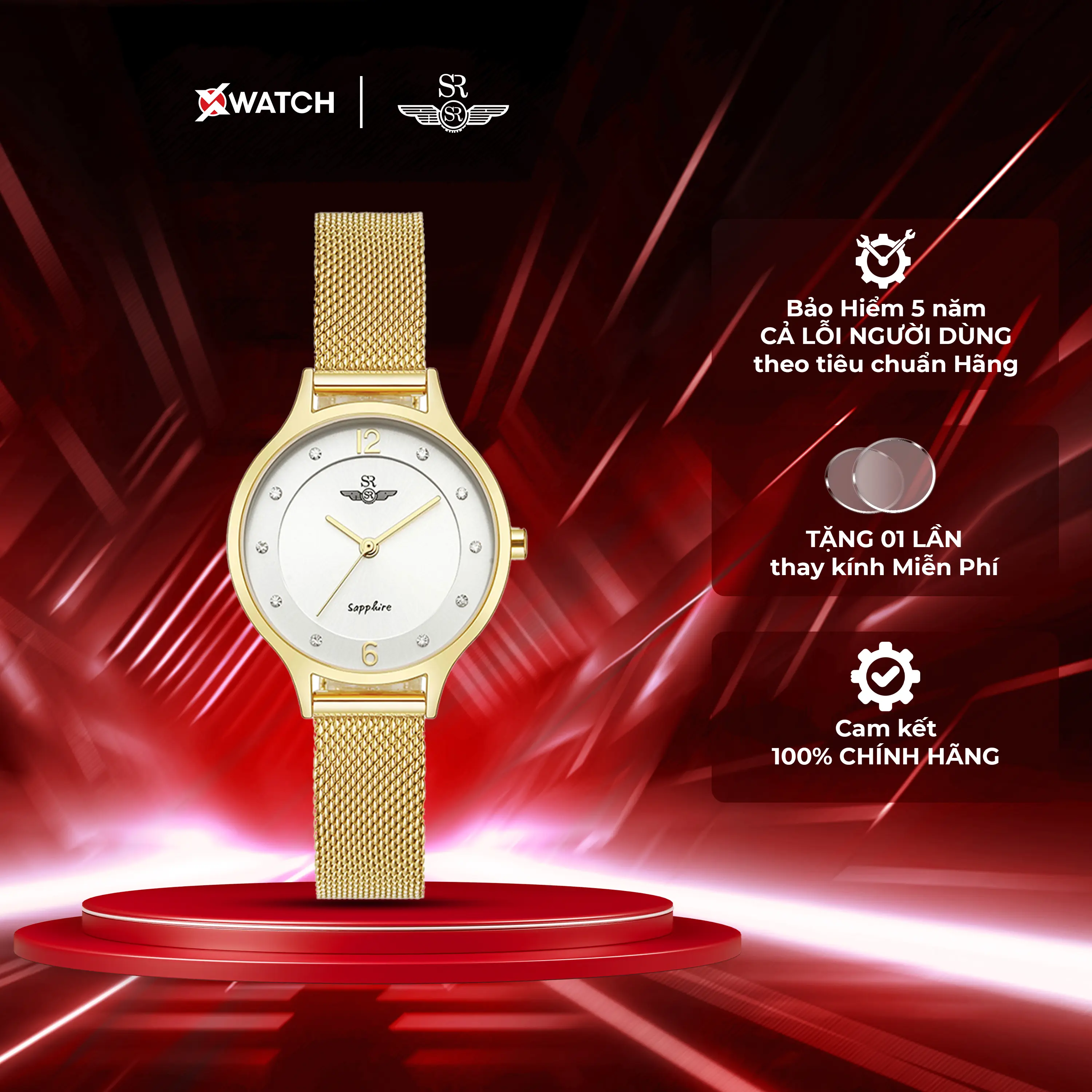 Đồng hồ thời trang nữ SR SR SRWATCH Timepiece Lady SL1605.1402TE máy Quartz, dây kim loại, vỏ thép không gỉ mạ vàng, kính Sapphire chính hãng Nhật Bản