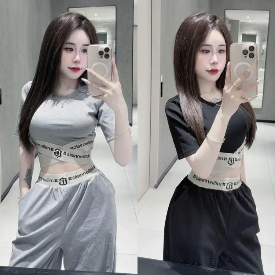 Set Bộ Xuân Hè Áo Thun Crotop Ôm Body Phối Quần Dài Ống Suông Cạp Chun Nổi Bật - Hottrend 2025