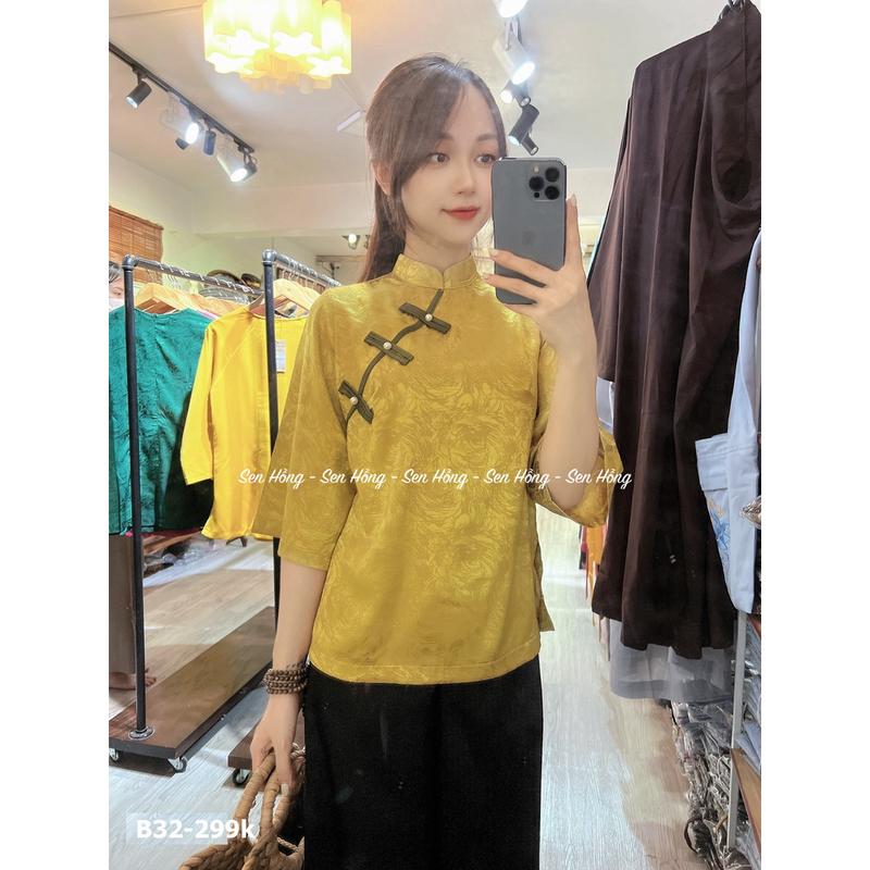 ĐỒ LAM ĐI CHÙA LỤA GẤM XINH # quần áo đi lễ đi chơi # pháp phục nữ vải lụa mềm nhẹ cổ tàu cúc chéo truyền thống B32 5