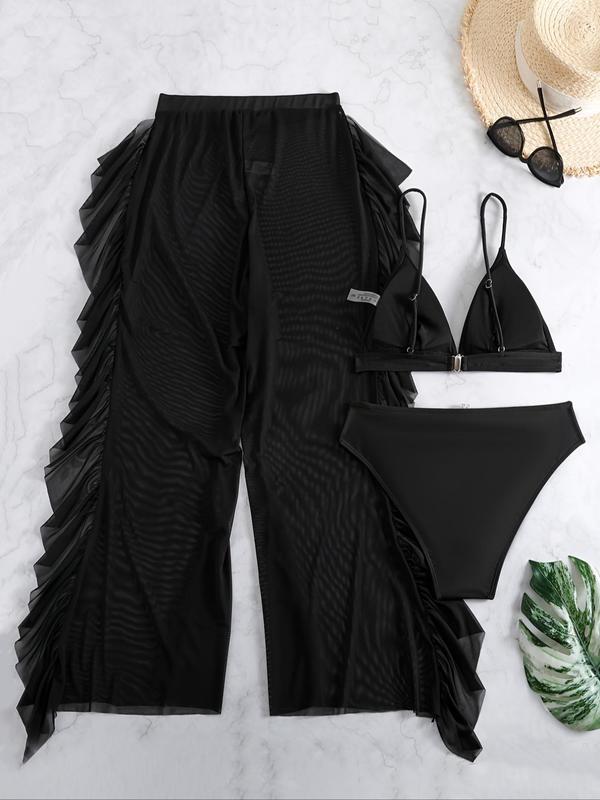 Plus Size Three-Piece Set Triangle Bra & Ruffle Trim Wide Leg Pants & Panty Bikini Set, Casual Adjustable Strap Swimwear Set, Women's Swimsuit for Summer Beach Holiday Vacation, Summer Holiday Outfits 2024 1
