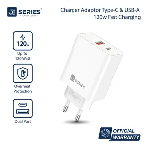 JE SERIES Charger Adaptor Fast Charging Dual USB Port 120W Max Safe Charging Less Heat - Putih