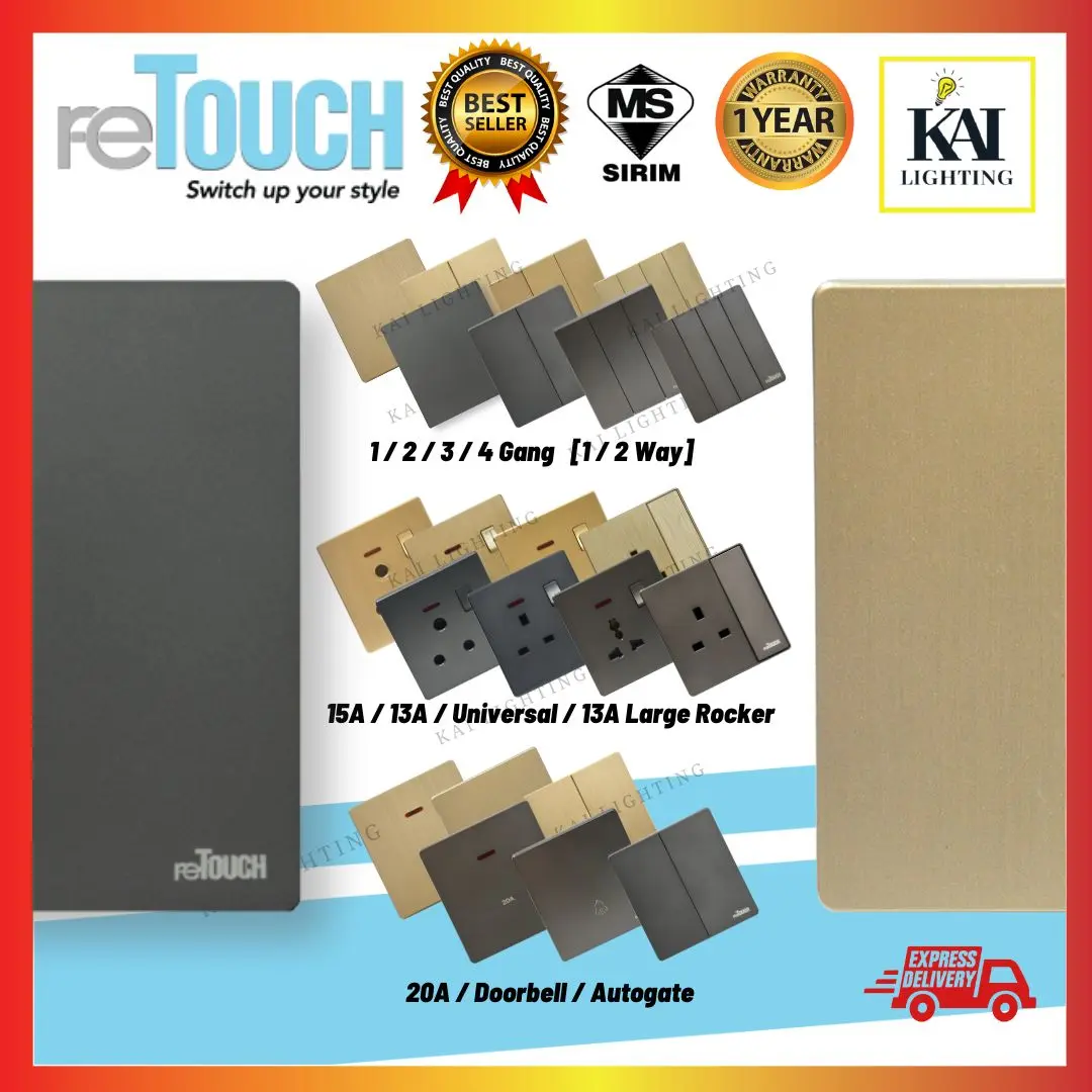 Retouch Ultra Rimless Socket and Slim Modern Switch Design 13A 15A 20A 45A Door Bell Multi USB (GREY/GOLD) Electrical Home