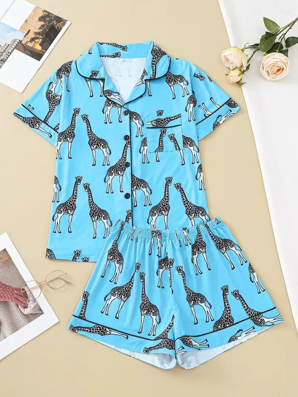 Women's Cartoon Giraffe Print Pyjama Set, Button Front Lapel Shirt Tops & Shorts Loungewear Set, Pjs Pajama Set for Women, Shortsleeve Homewear, Lounge Sets, Hide Tummy Wear Uk, Womenswear, Womens Clothes, Premium Fabric 4